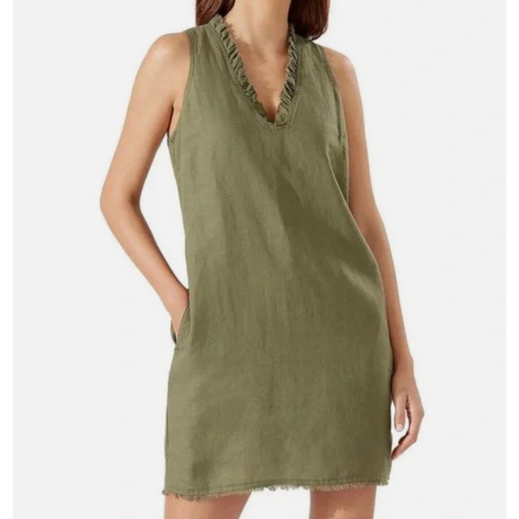 Tommy Bahama Dress Size Large Green Linen Fringe V-Neck Sleeveless Pockets - Picture 1 of 7